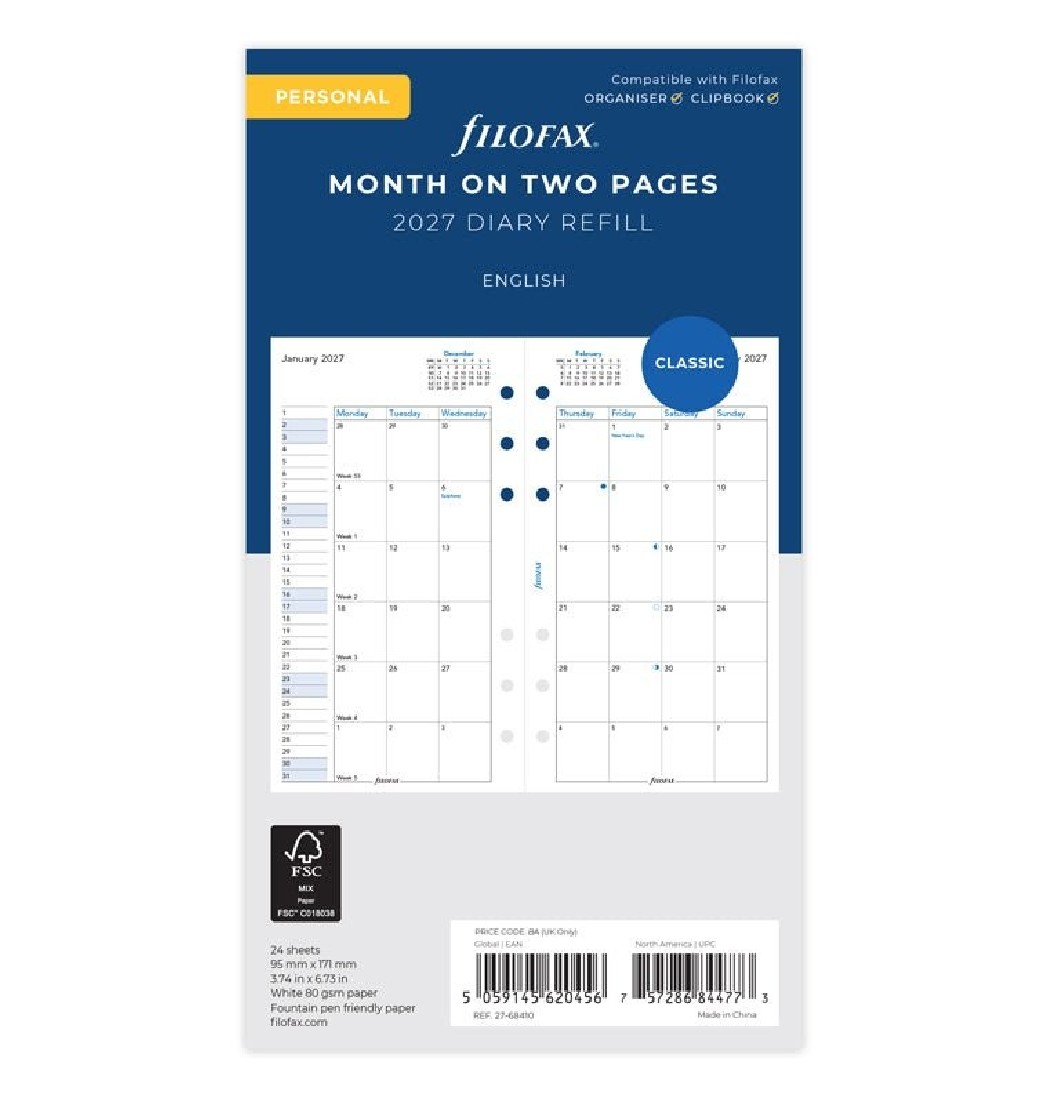 Refill Personal 2027 Month On Two Pages 27-68410 Filofax