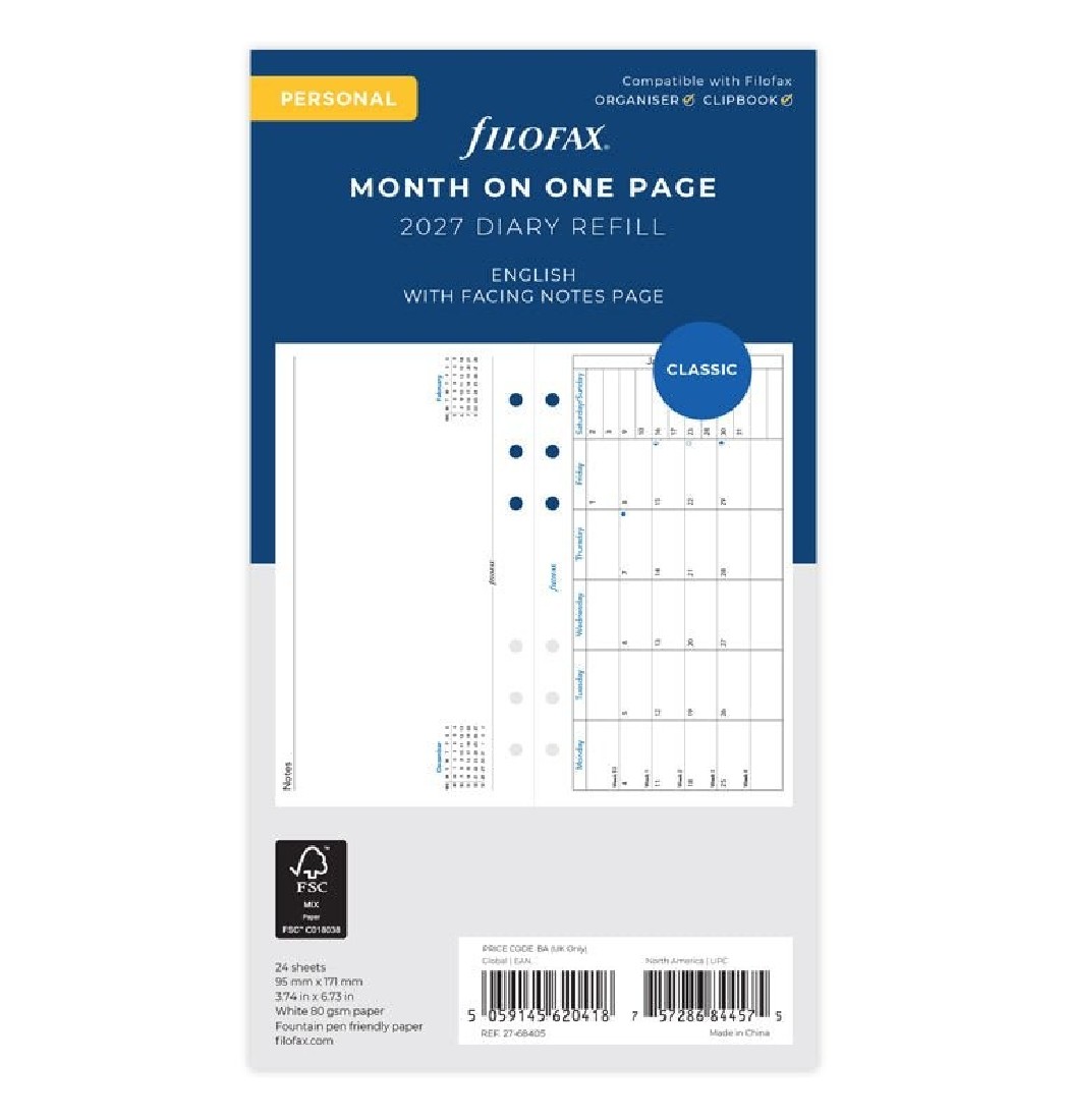 Refill Personal 2027 Month on one Page 27-68405 Filofax