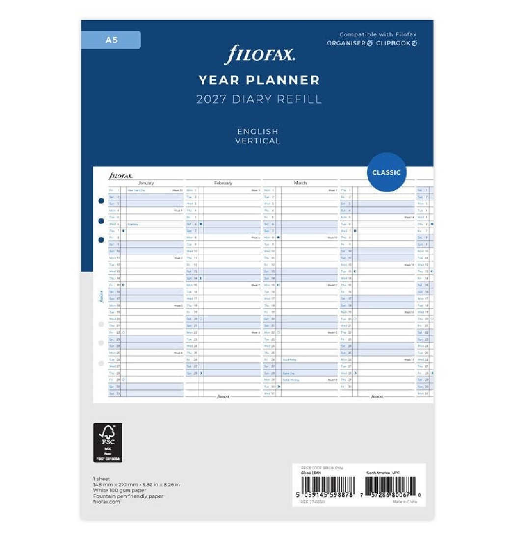 Refill A5 2027 Year Planner Vertical 27-68501 Filofax