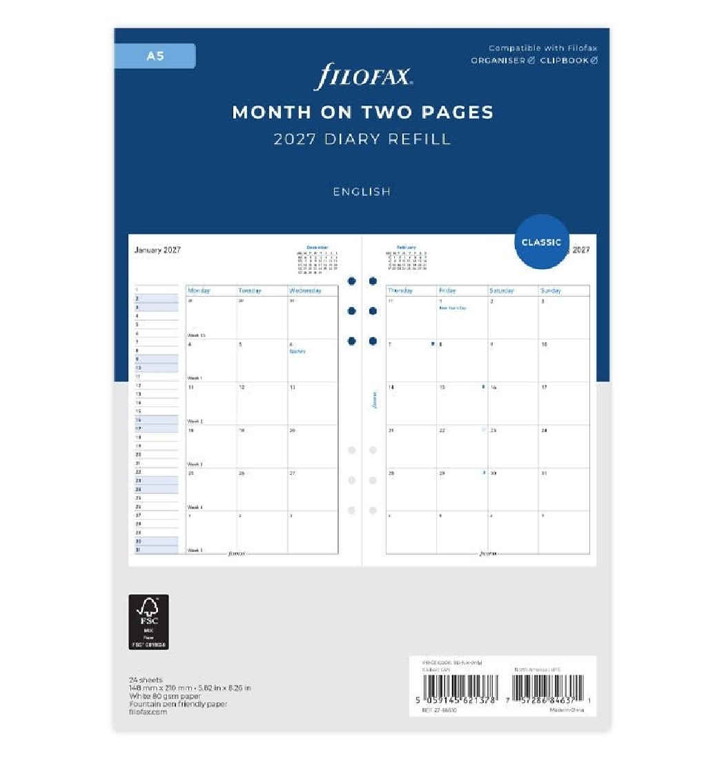 Refill A5 2027 Month On Two Pages 27-68510 Filofax