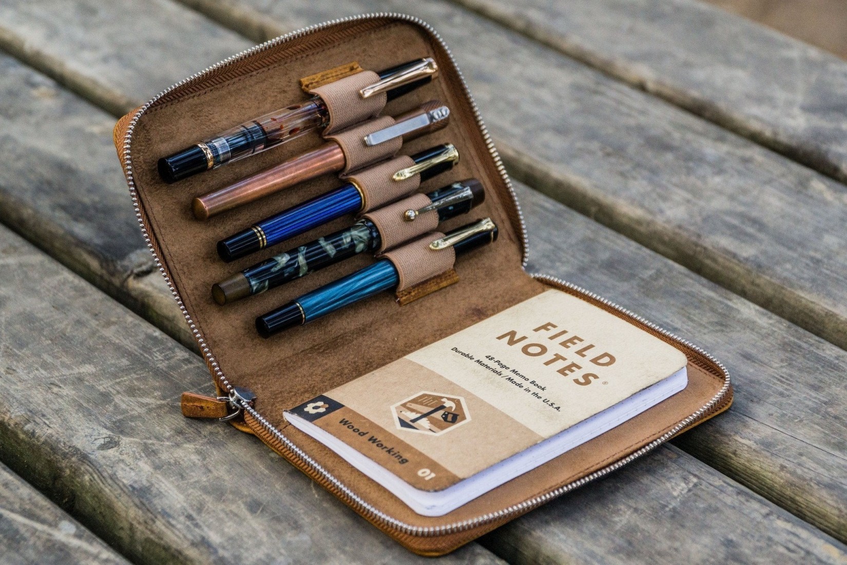 Galen Leather Zippered 5 Slots Pen Case - Crazy Horse Brown