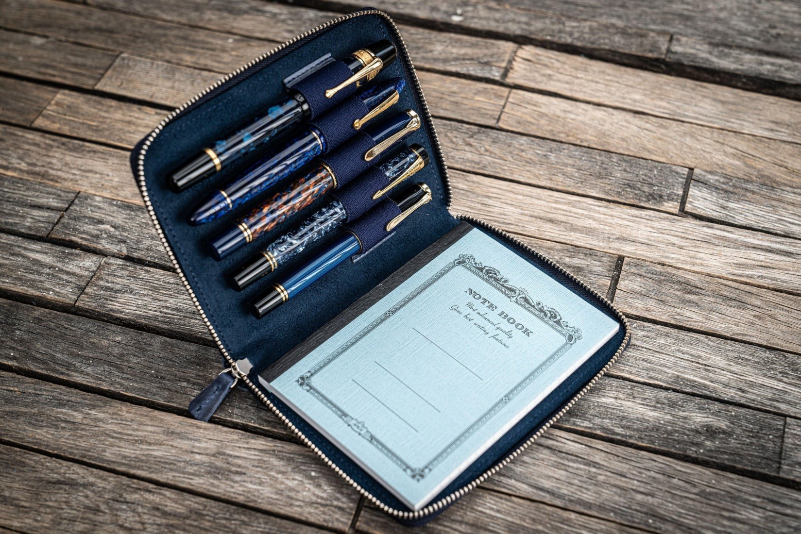 Galen Leather Zippered 5 Slots Pen Case - Crazy Horse Navy Blue