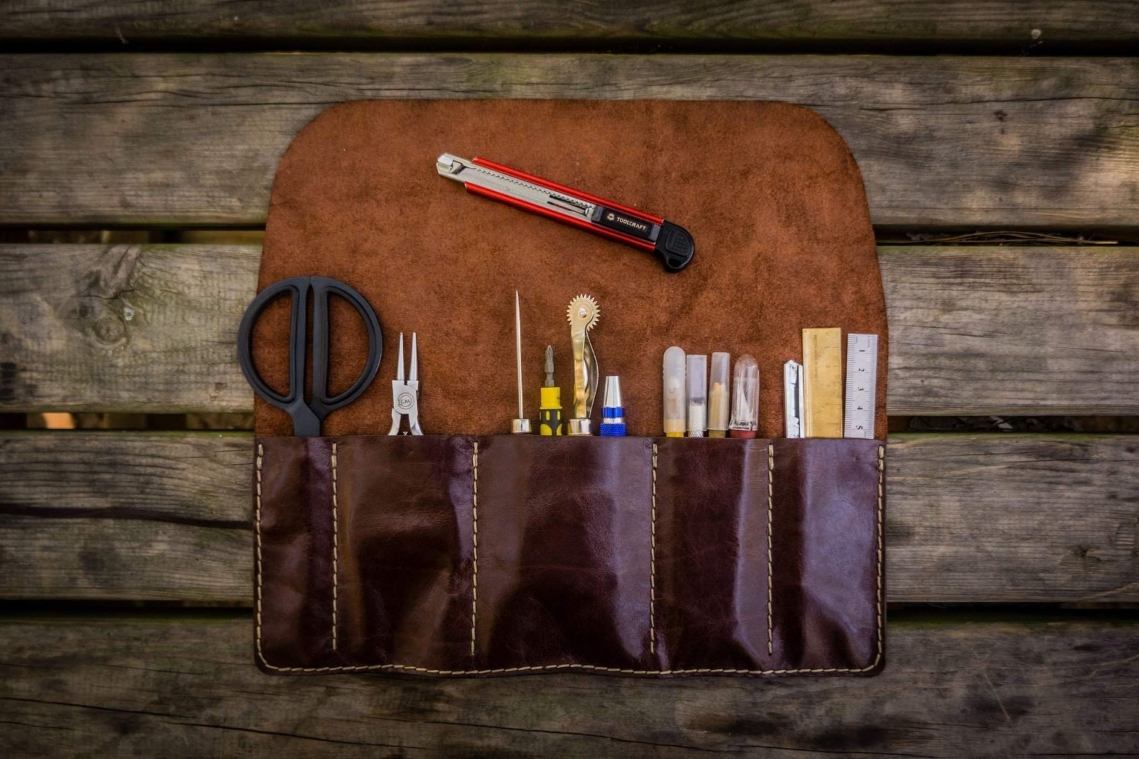 Galen Leather Pen Roll - Brown