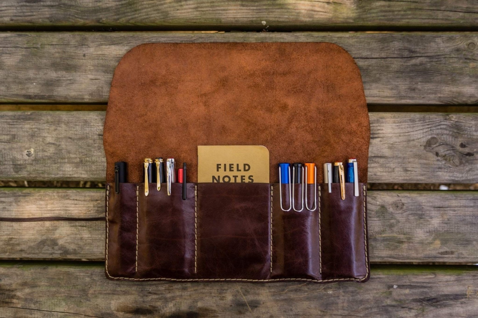 Galen Leather Pen Roll - Brown