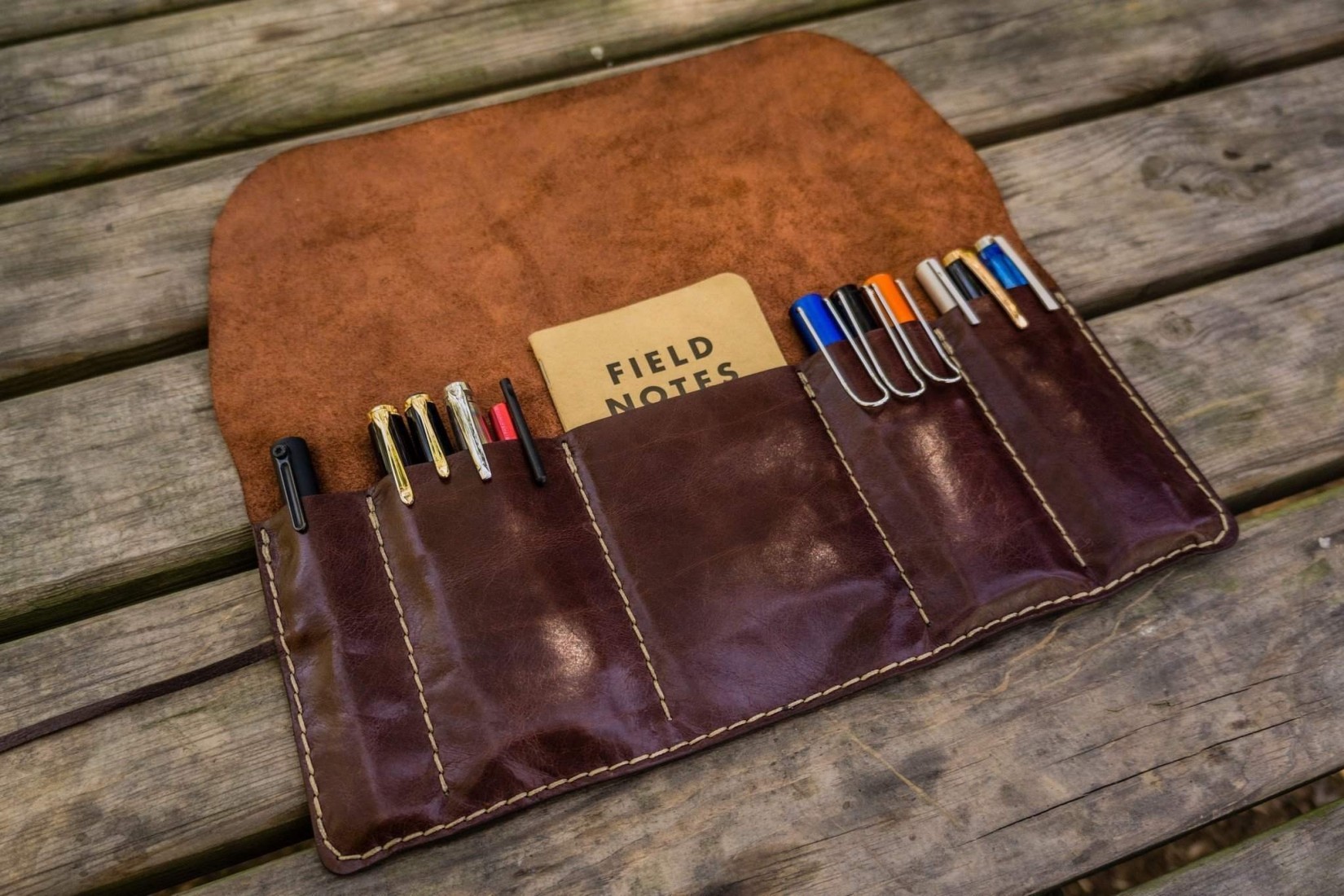 Galen Leather Pen Roll - Brown
