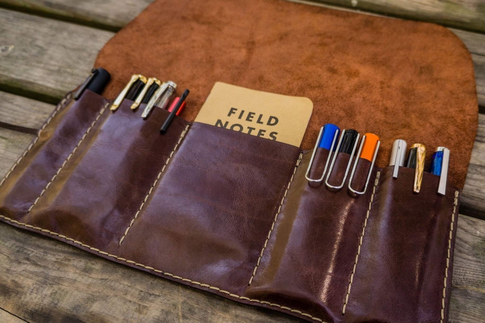 Galen Leather Pen Roll - Brown
