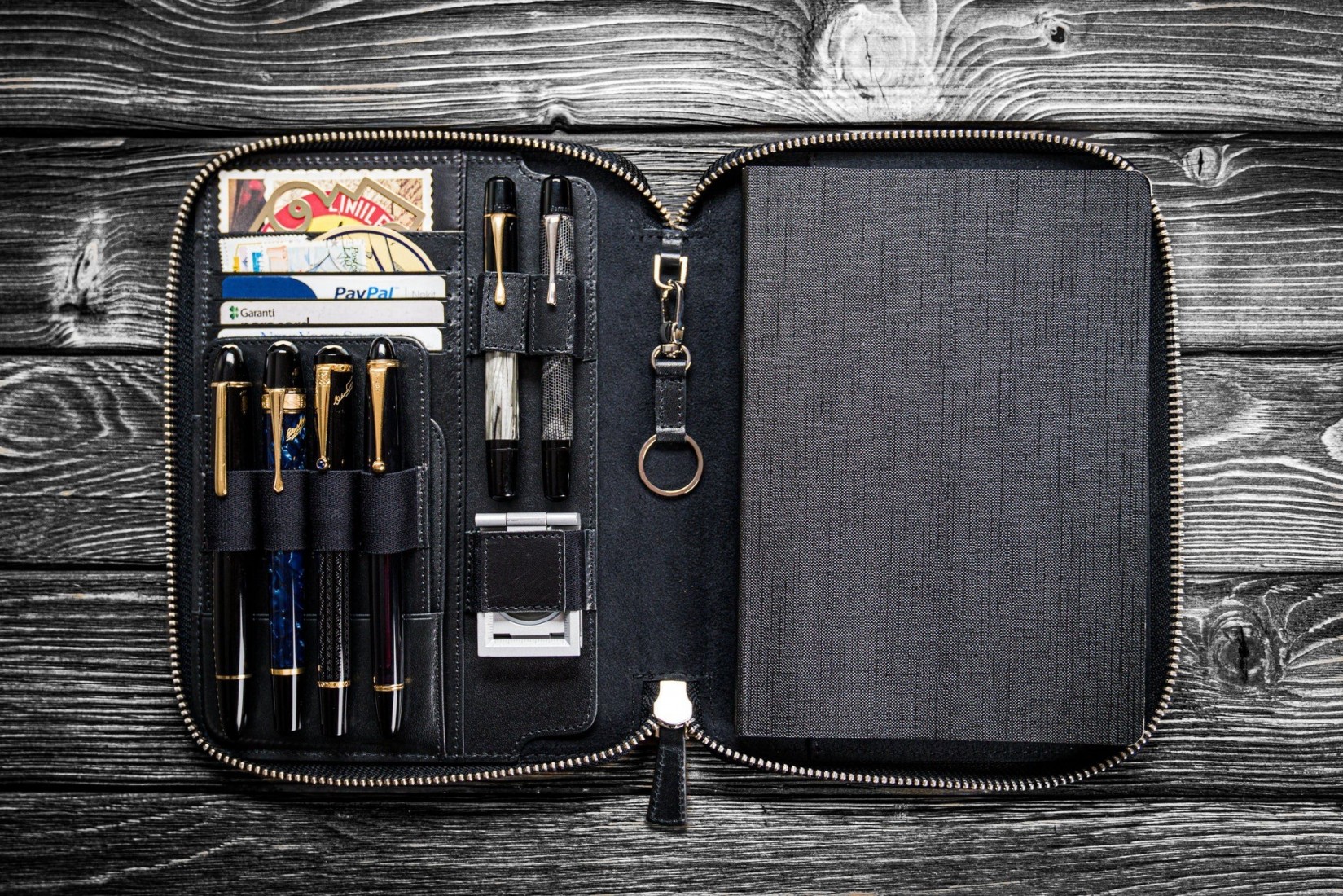 Galen Leather Zippered 5 Slots Pen Case - Crazy Horse Navy Blue