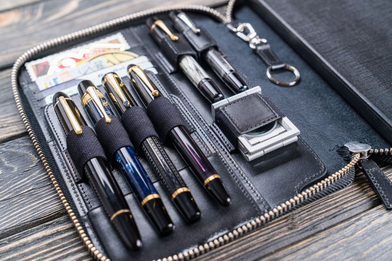 Galen Leather Zippered 5 Slots Pen Case - Crazy Horse Navy Blue
