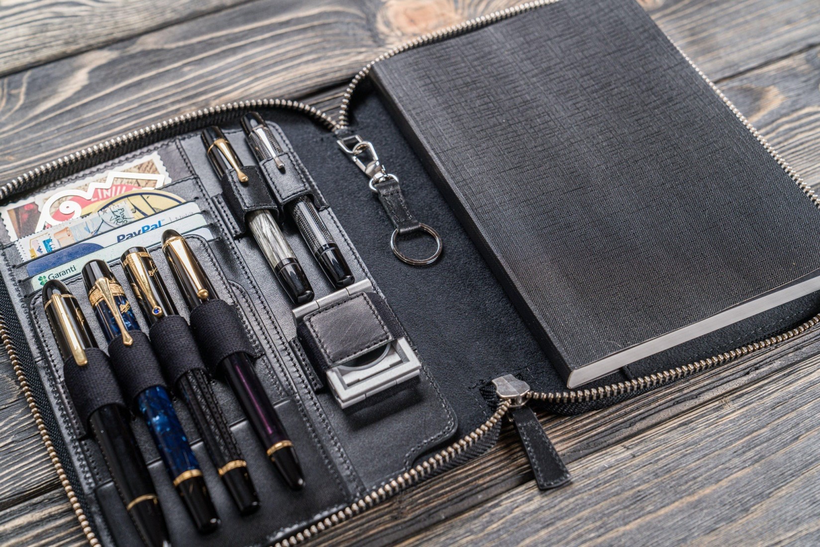 Galen Leather Zippered 5 Slots Pen Case - Crazy Horse Navy Blue