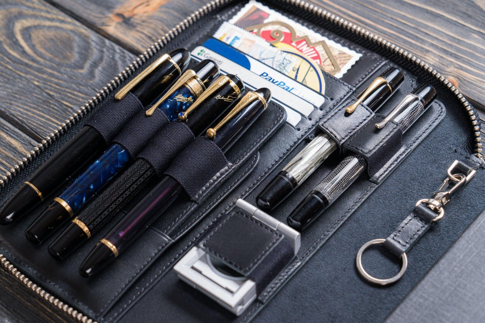 Galen Leather Zippered 5 Slots Pen Case - Crazy Horse Navy Blue