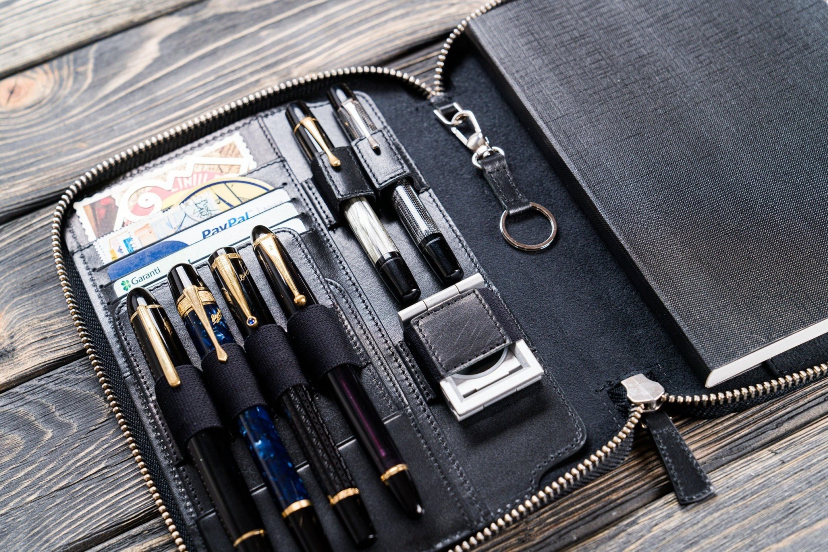 Galen Leather Zippered 5 Slots Pen Case - Crazy Horse Navy Blue
