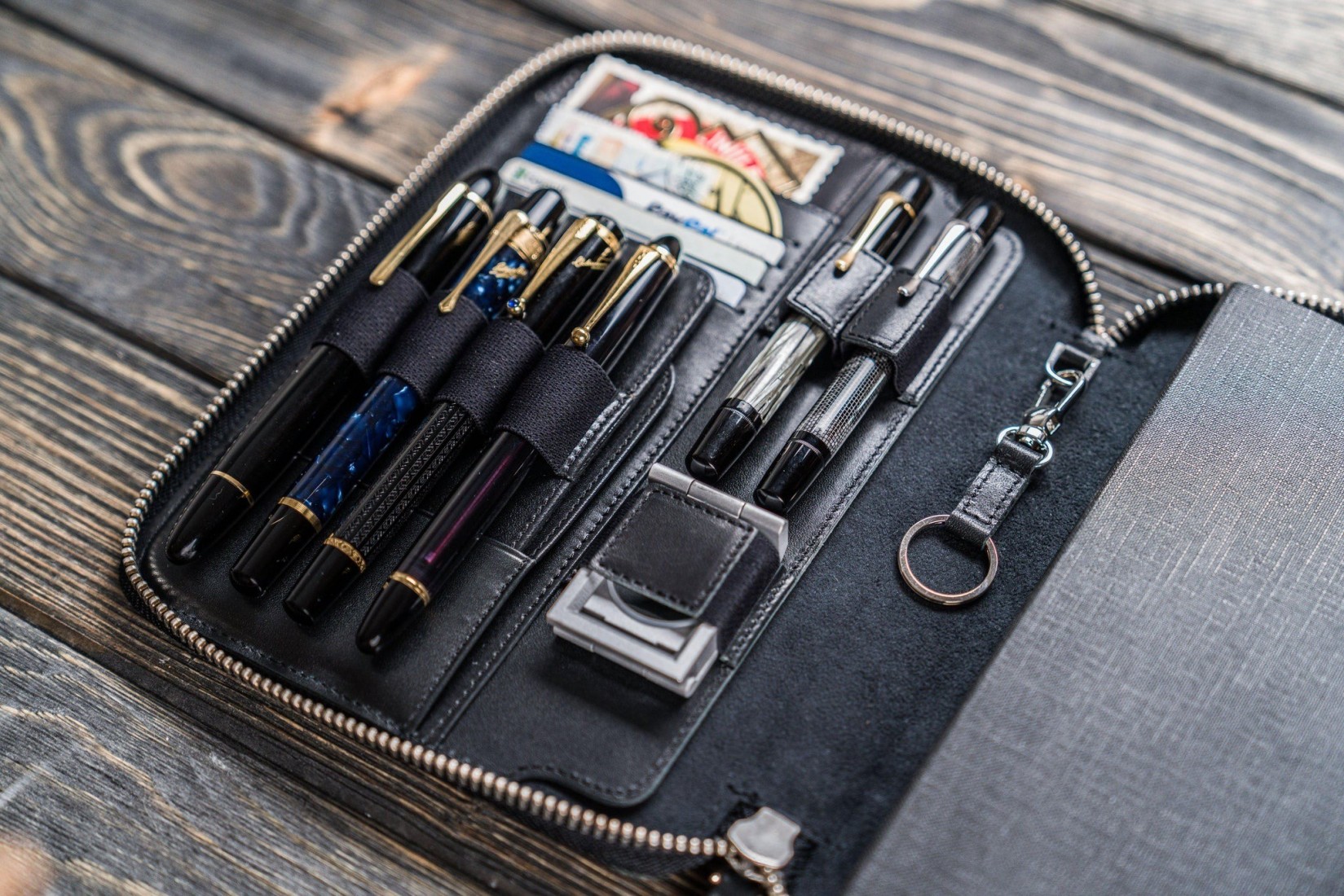 Galen Leather Zippered 5 Slots Pen Case - Crazy Horse Navy Blue