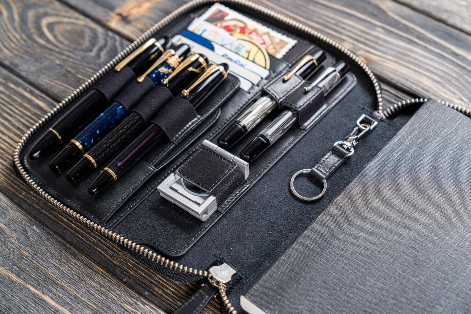 Galen Leather Zippered 5 Slots Pen Case - Crazy Horse Navy Blue