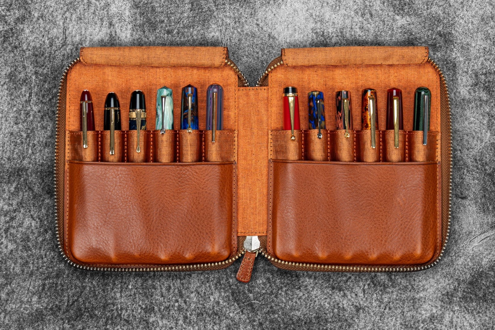Galen Leather Legacy Leather Zip Pen Case For 12 Pens - A6 - Deep Cognac
