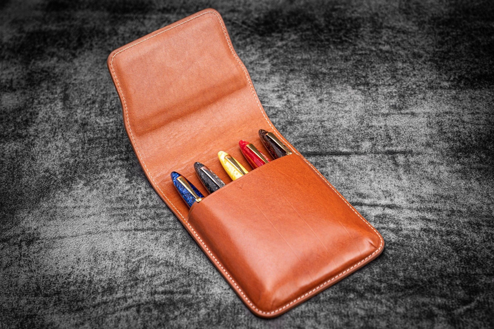 Galen Leather Flap Pen Case for Five Pens - Brown