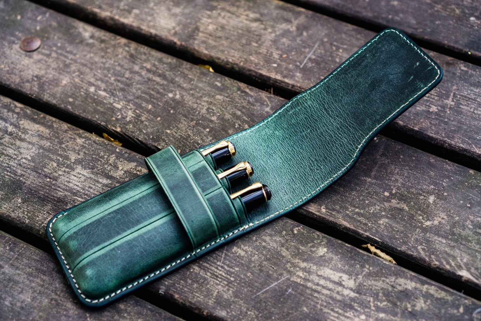 Galen Leather Flap Pen Case for Three Pens - Crazy Horse Forest Green
