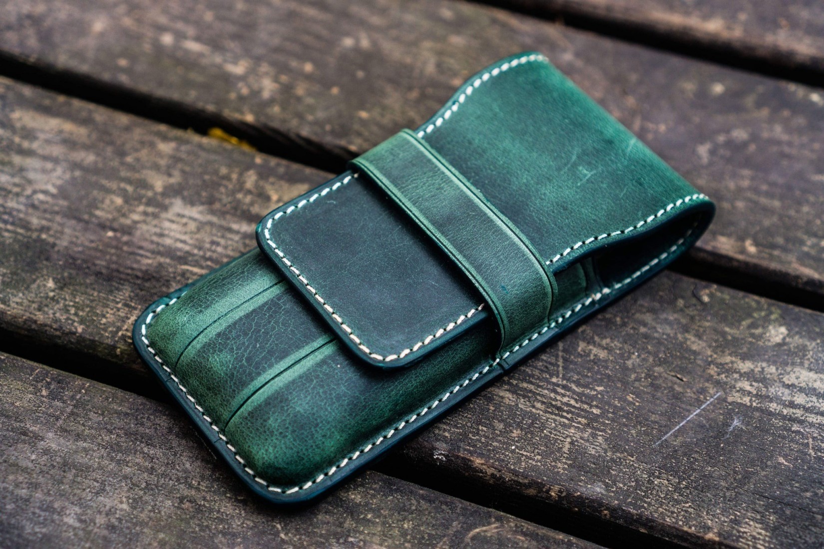 Galen Leather Flap Pen Case for Three Pens - Crazy Horse Forest Green