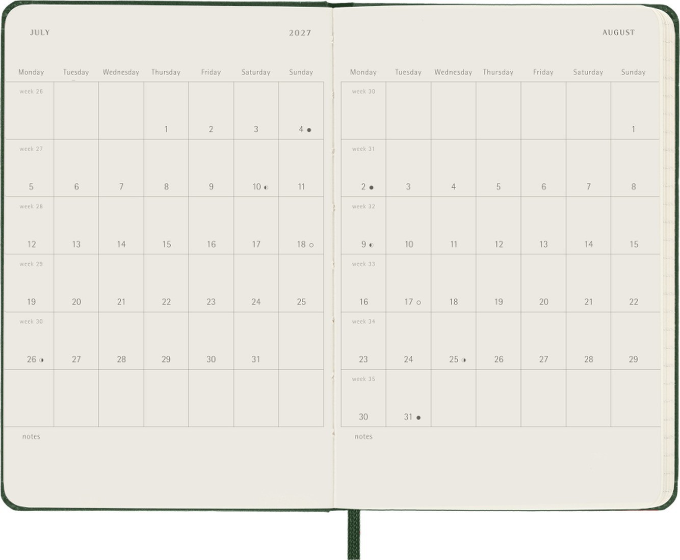 Moleskine daily diary 2027 pocket 9x14, hard cover green