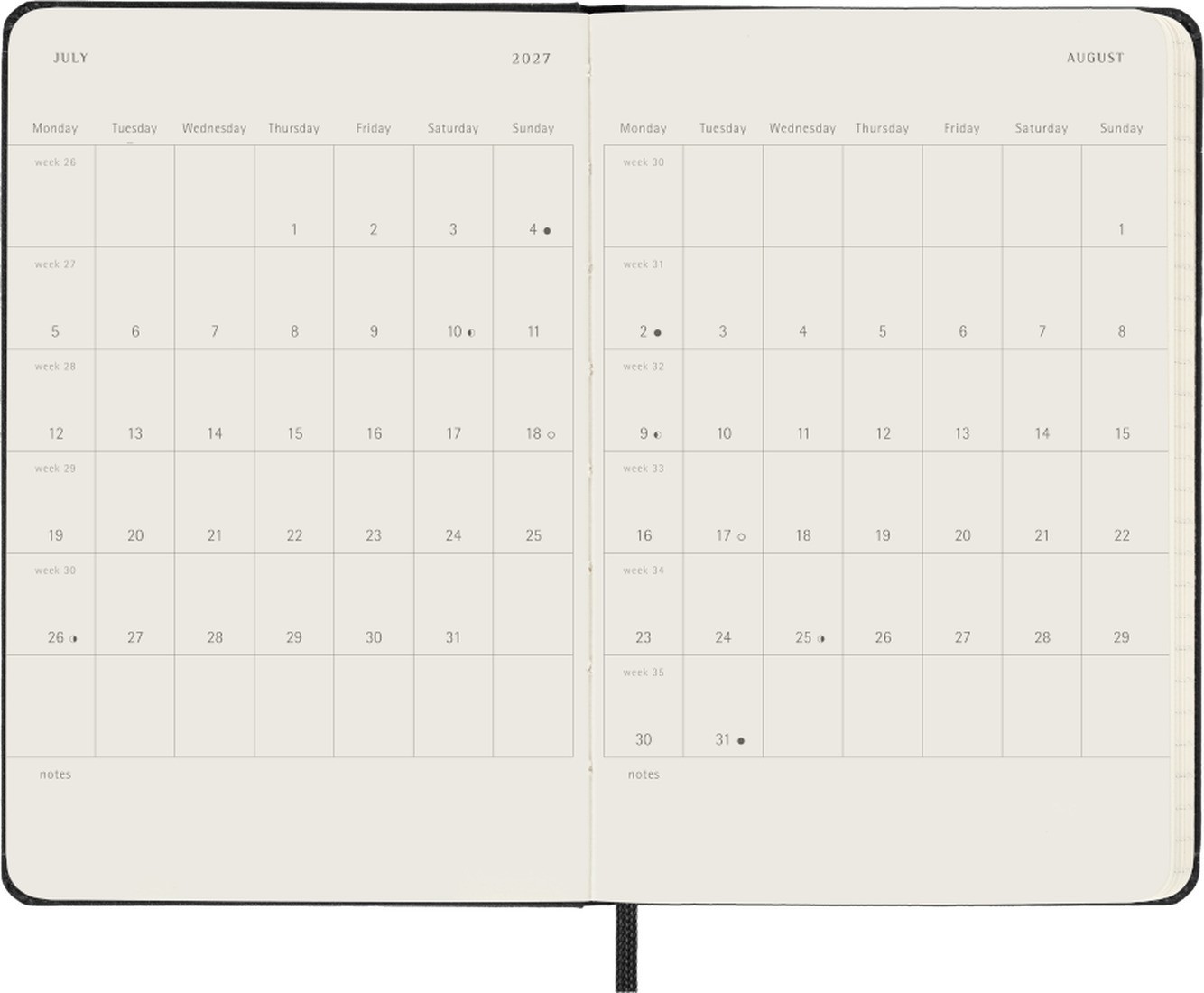 Moleskine weekly Horizontal classic diary 2027, pocket 9x14,  hard cover, black