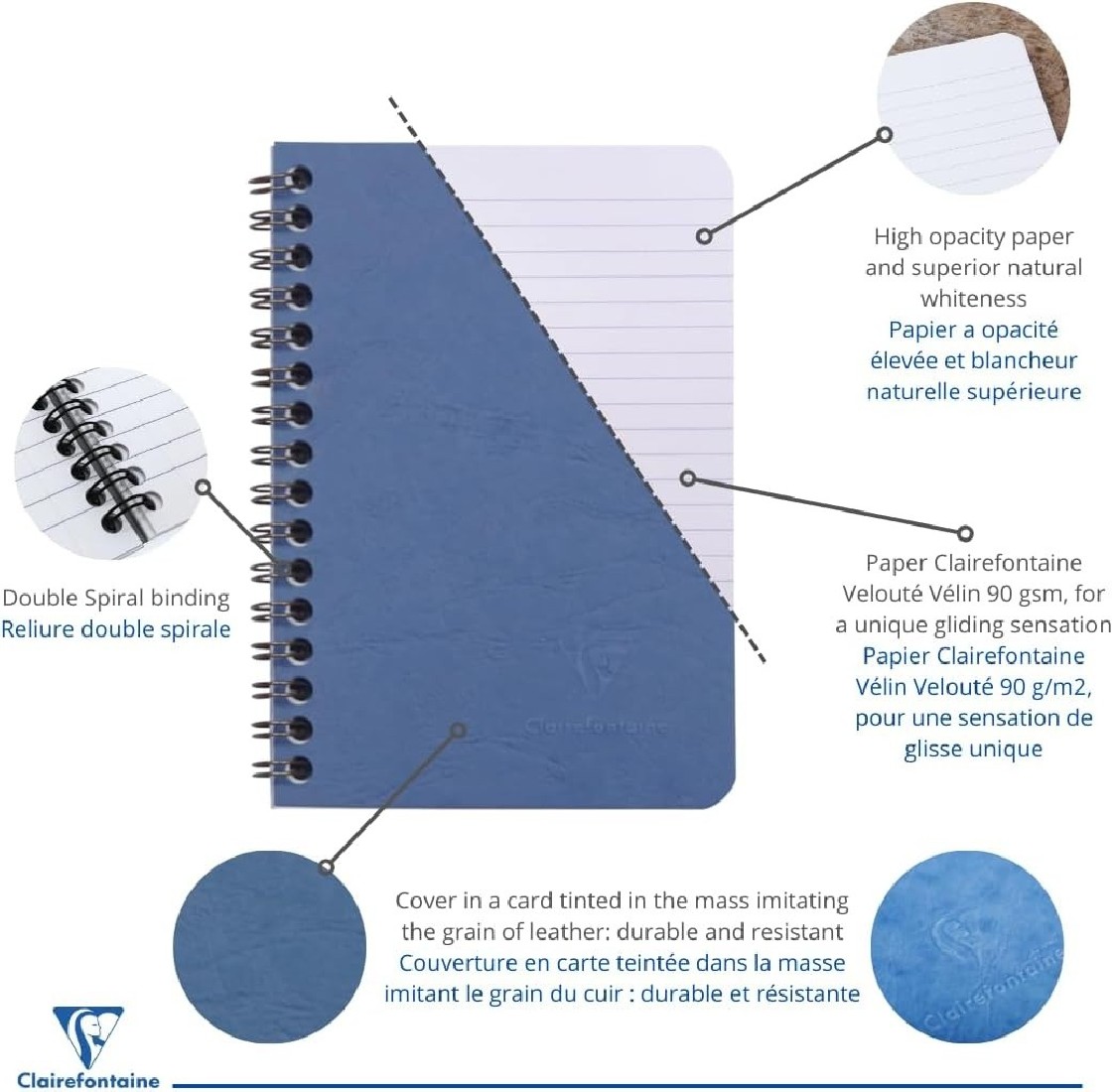 Clairefontaine 785964C Spiral Book, Prediction Bag Portrait Notebook, 9.5 x 14 cm, 5-He Pack, 50 Sheet, Blue