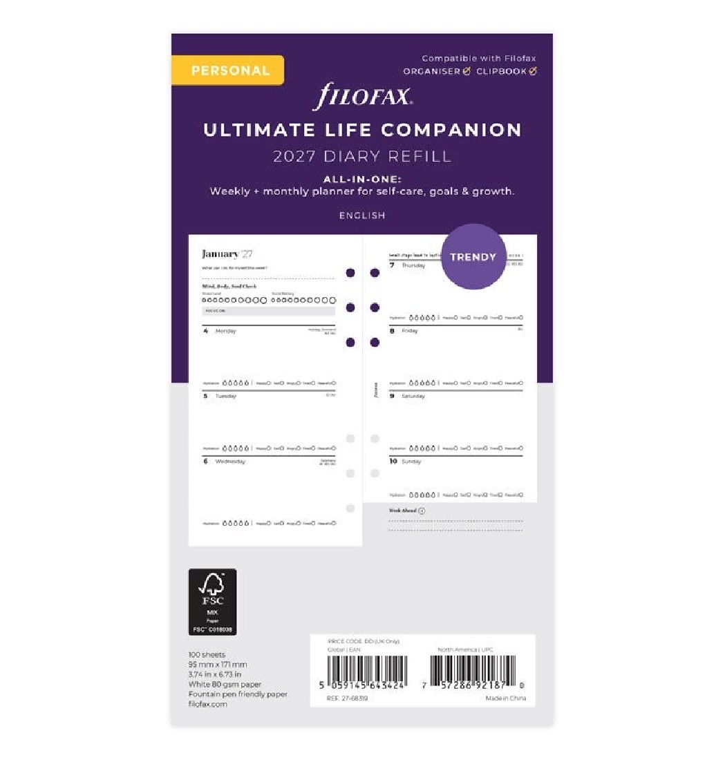 Refill Personal 2027 Ultimate Life Companion Week on two Pages 27-68319 Filofax