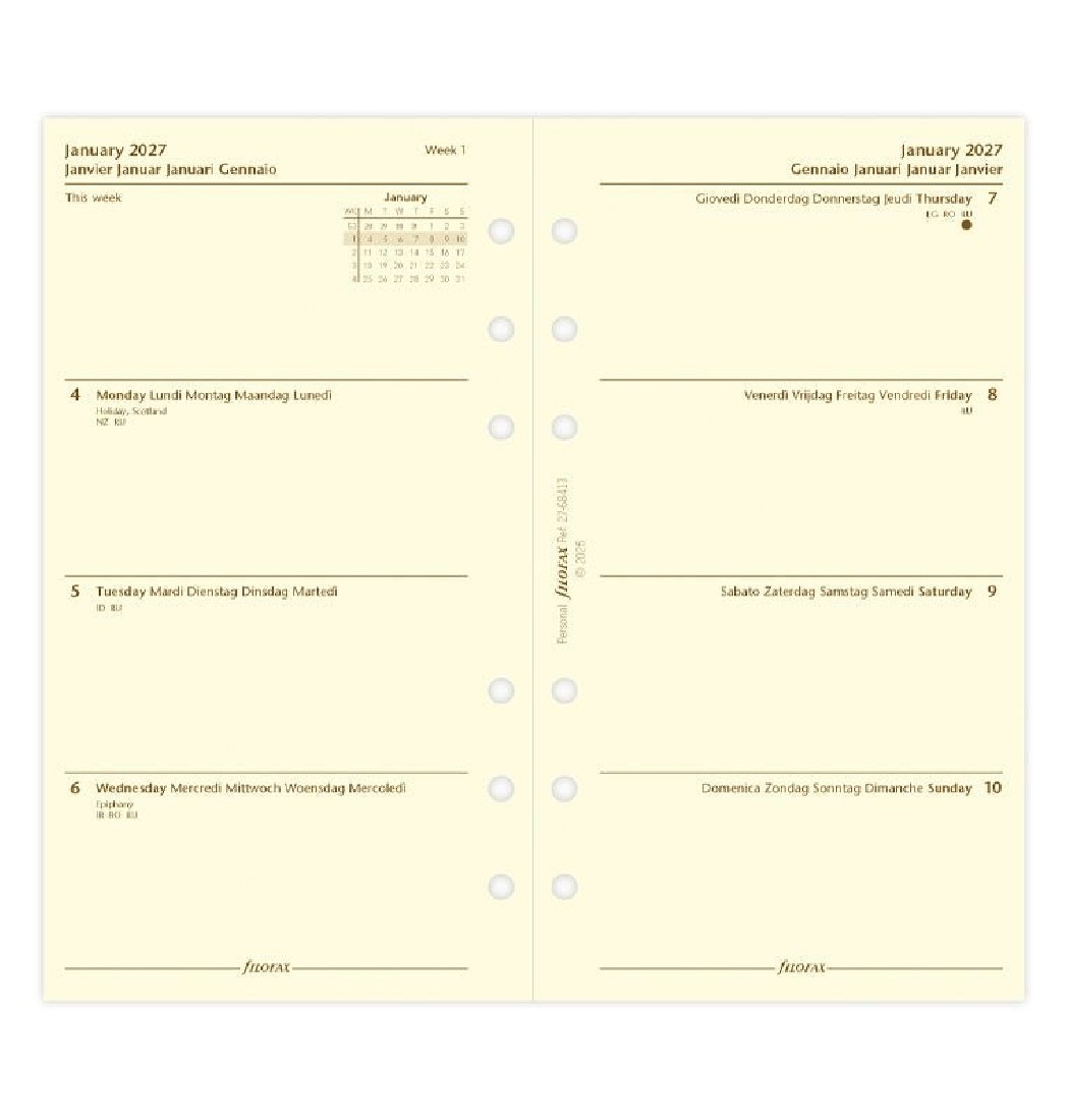 Refill 2027 Personal Week On Two Pages Multilanguage Cotton Cream 27-68413 Filofax