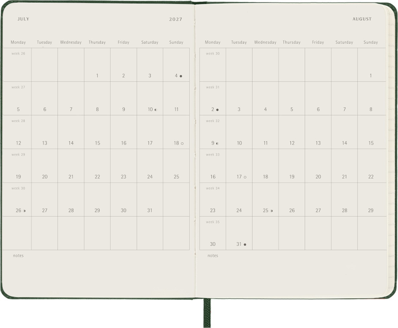 Moleskine weekly classic diary 2027, pocket 9x14,  hard cover, green